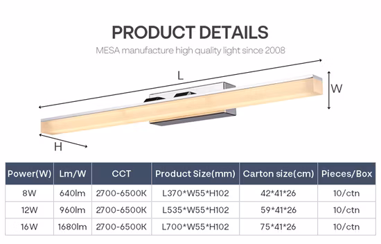 Lámpara LED para espejo de baño/baño de montaje en pared de 60/80cm con entrada de aluminio + PC IP44 15W/25W 220V